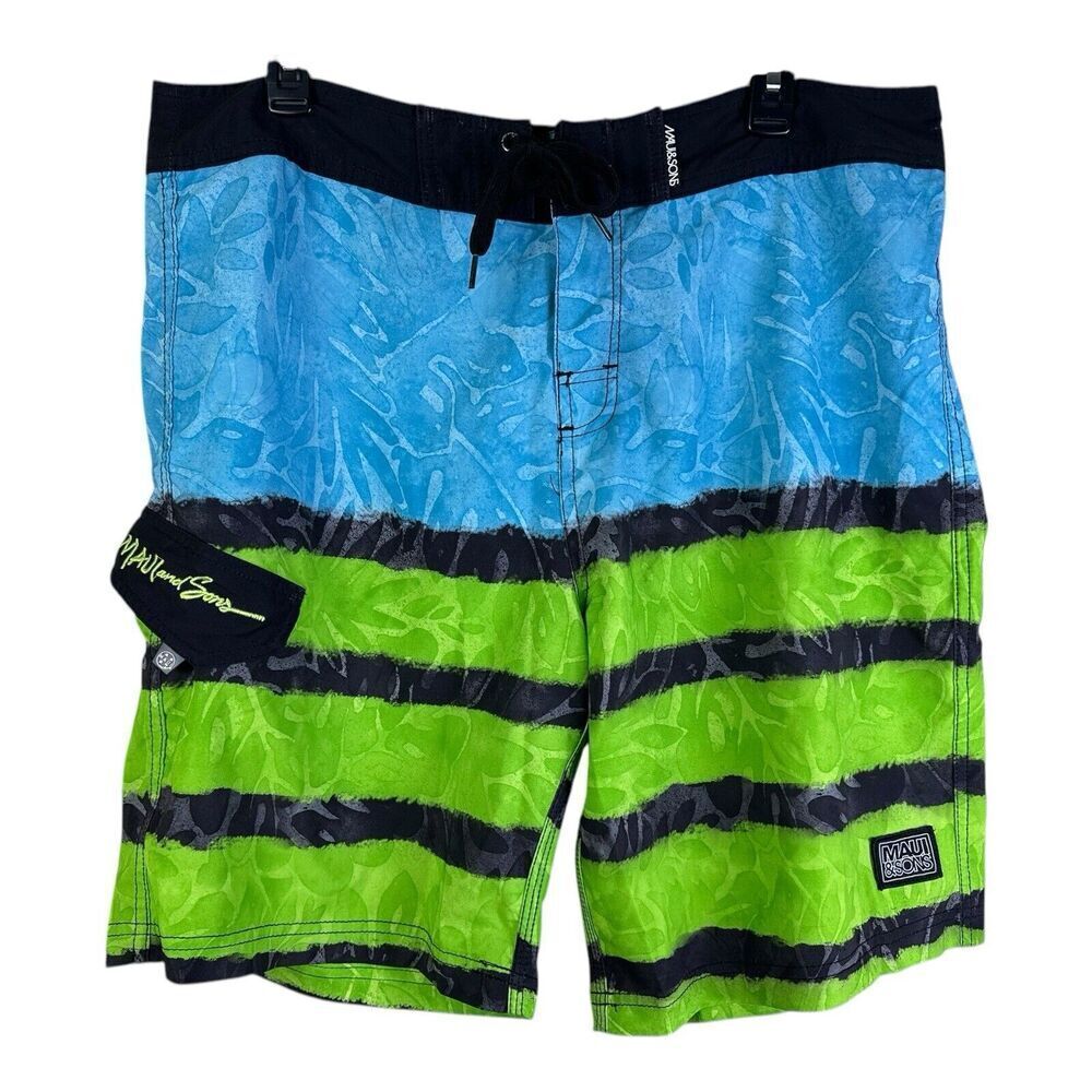 Maui Board Shorts Mens 38 Blue Green Stripe Highrise Drawstring Swimwear Stretch